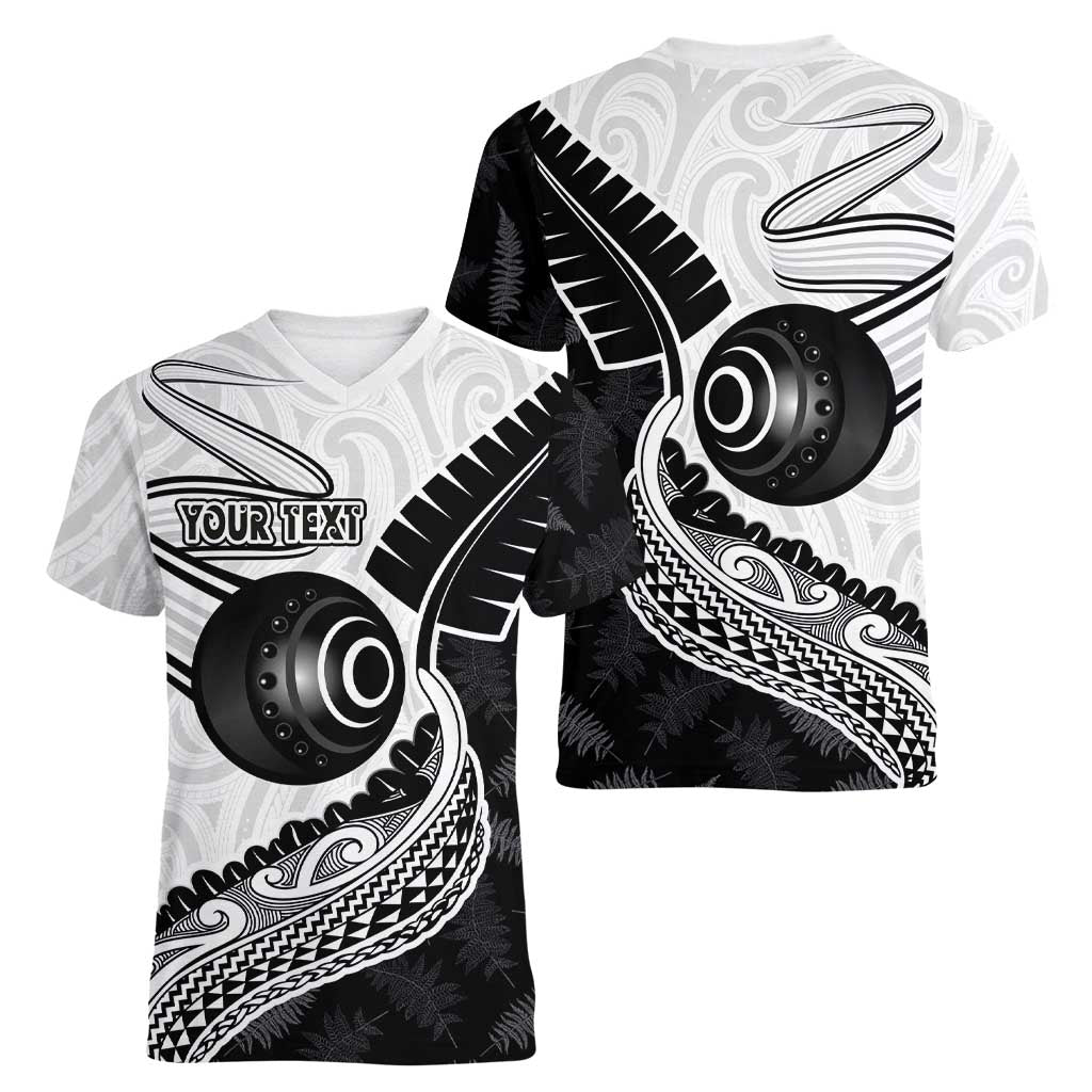 Personalised Aotearoa Lawn Bowls Women V-Neck T-Shirt Maori and Silver Fern Half Style - Polynesian Pride