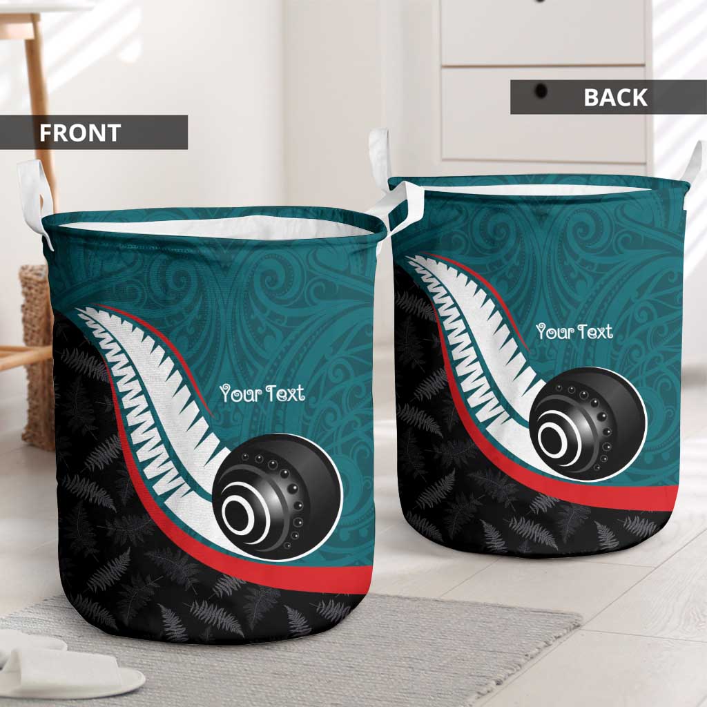 Personalised Aotearoa Lawn Bowls Laundry Basket Maori and Silver Fern Sporty Style Teal Color - Polynesian Pride
