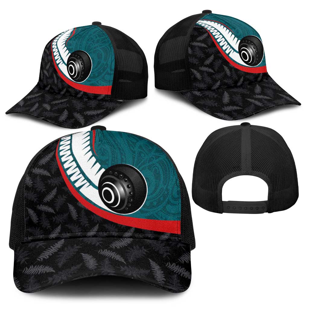 Aotearoa Lawn Bowls Baseball Net Cap Maori and Silver Fern Sporty Style Teal Color - Polynesian Pride