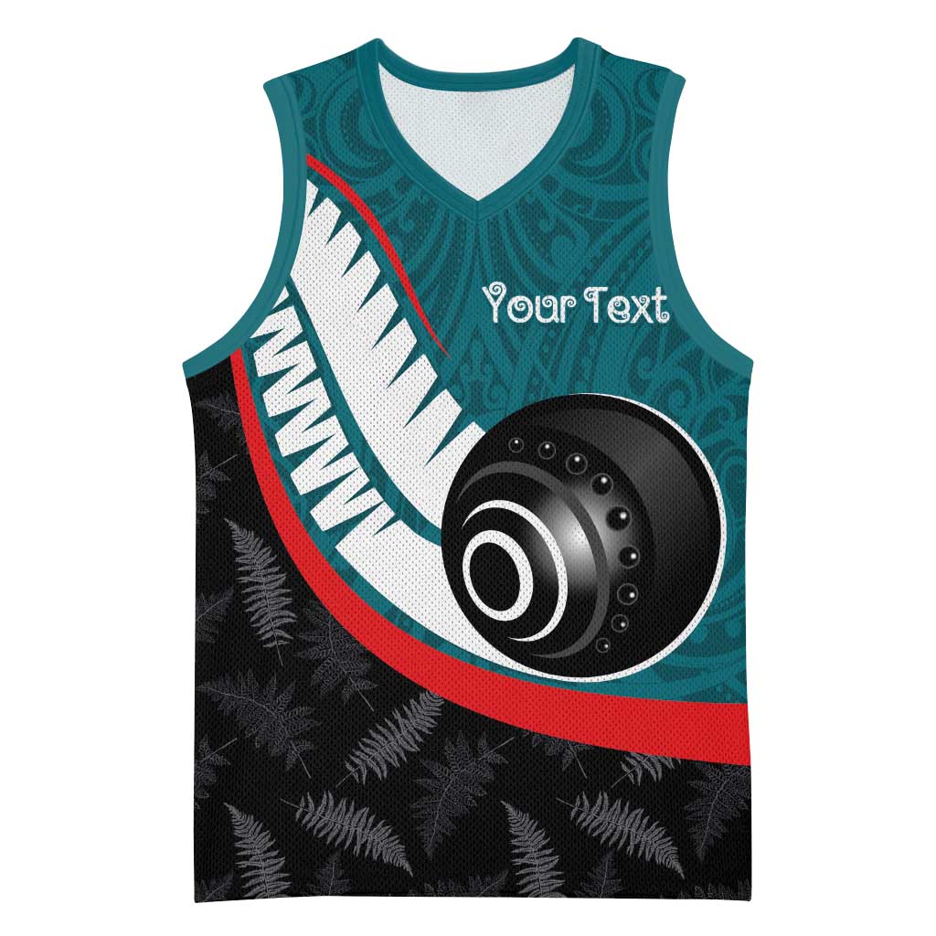 Personalised Aotearoa Lawn Bowls Basketball Jersey Maori and Silver Fern Sporty Style Teal Color - Polynesian Pride