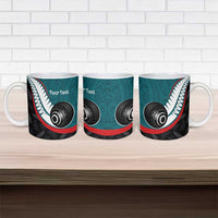 Personalised Aotearoa Lawn Bowls Ceramic Mug Maori and Silver Fern Sporty Style Teal Color - Polynesian Pride