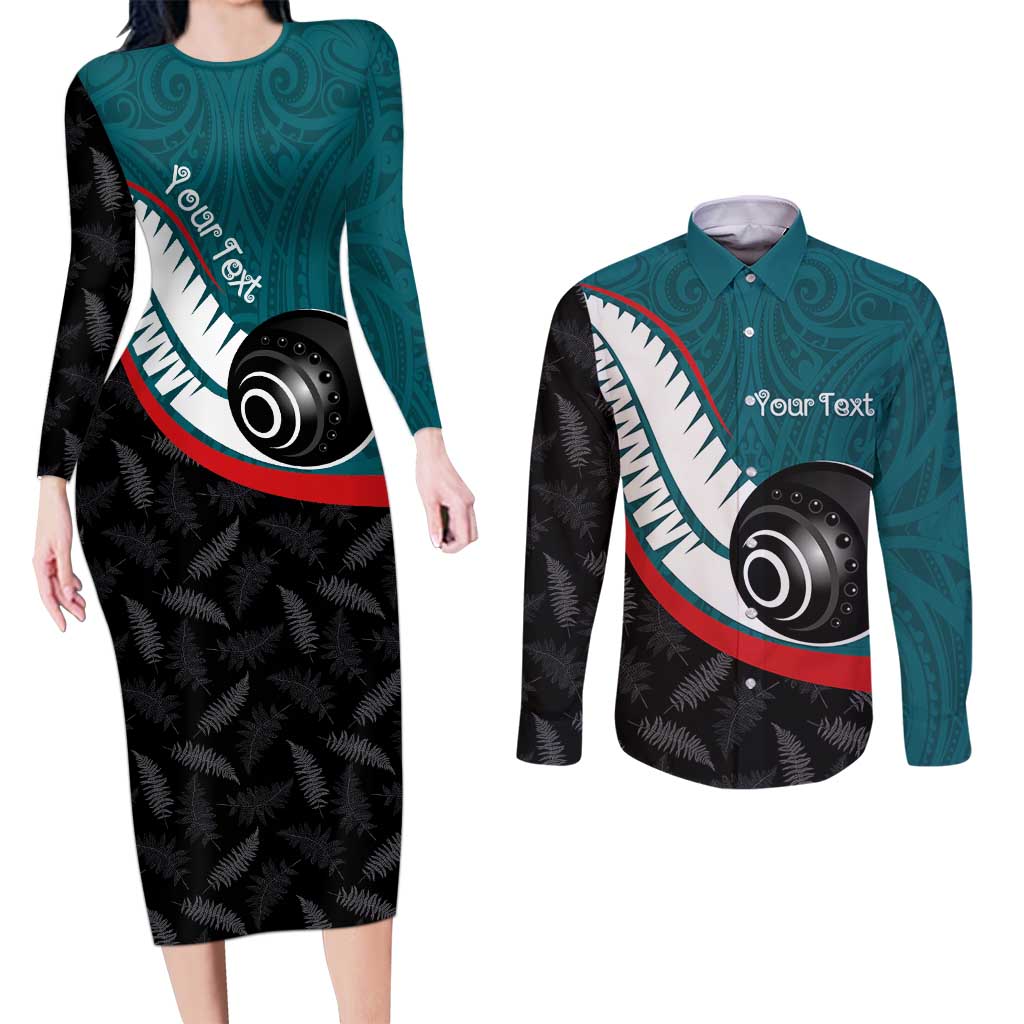 Personalised Aotearoa Lawn Bowls Couples Matching Long Sleeve Bodycon Dress and Long Sleeve Button Shirt Maori and Silver Fern Sporty Style Teal Color LT03 Teal - Polynesian Pride