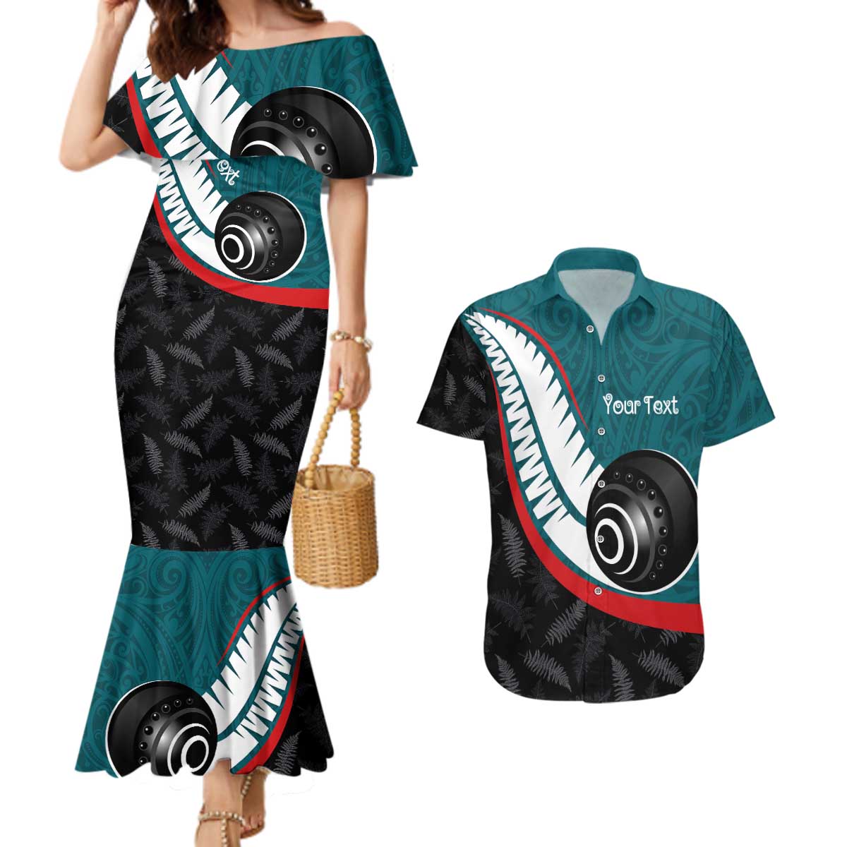 Personalised Aotearoa Lawn Bowls Couples Matching Mermaid Dress and Hawaiian Shirt Maori and Silver Fern Sporty Style Teal Color - Polynesian Pride