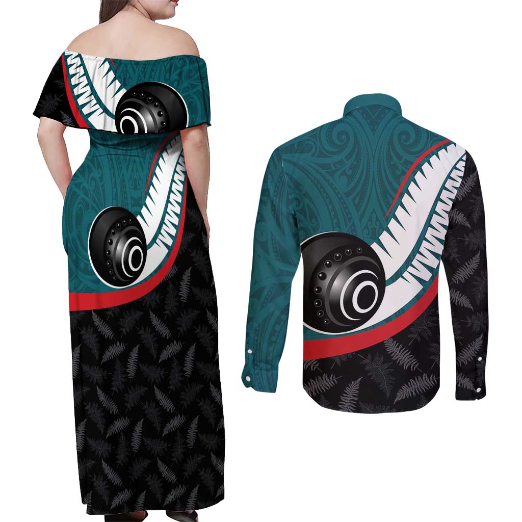 Personalised Aotearoa Lawn Bowls Couples Matching Off Shoulder Maxi Dress and Long Sleeve Button Shirt Maori and Silver Fern Sporty Style Teal Color - Polynesian Pride