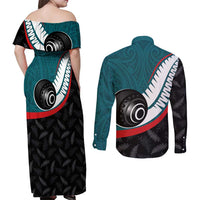 Personalised Aotearoa Lawn Bowls Couples Matching Off Shoulder Maxi Dress and Long Sleeve Button Shirt Maori and Silver Fern Sporty Style Teal Color - Polynesian Pride
