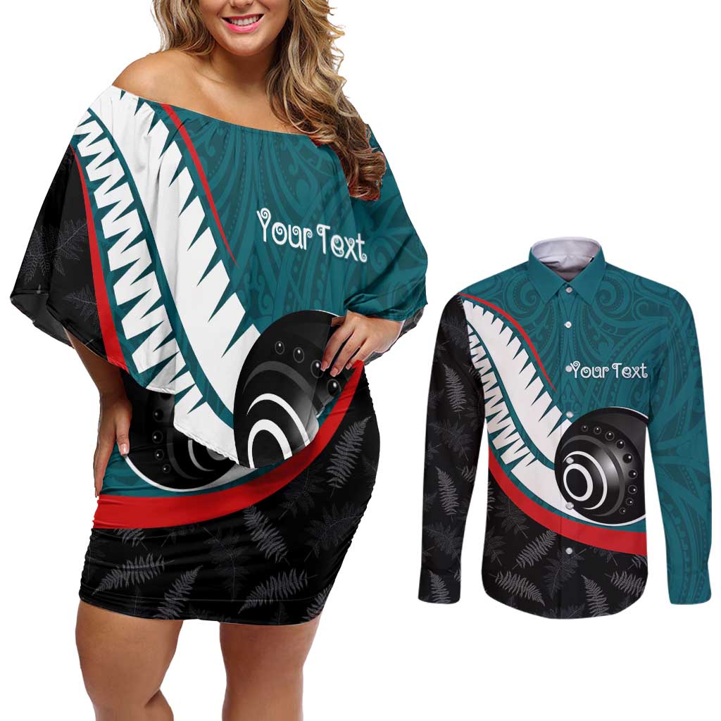 Personalised Aotearoa Lawn Bowls Couples Matching Off Shoulder Short Dress and Long Sleeve Button Shirt Maori and Silver Fern Sporty Style Teal Color - Polynesian Pride