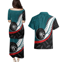 Personalised Aotearoa Lawn Bowls Couples Matching Puletasi and Hawaiian Shirt Maori and Silver Fern Sporty Style Teal Color - Polynesian Pride