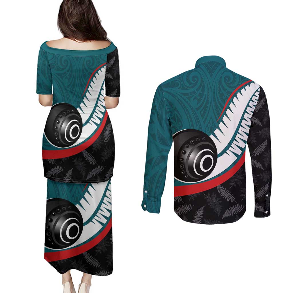 Personalised Aotearoa Lawn Bowls Couples Matching Puletasi and Long Sleeve Button Shirt Maori and Silver Fern Sporty Style Teal Color - Polynesian Pride