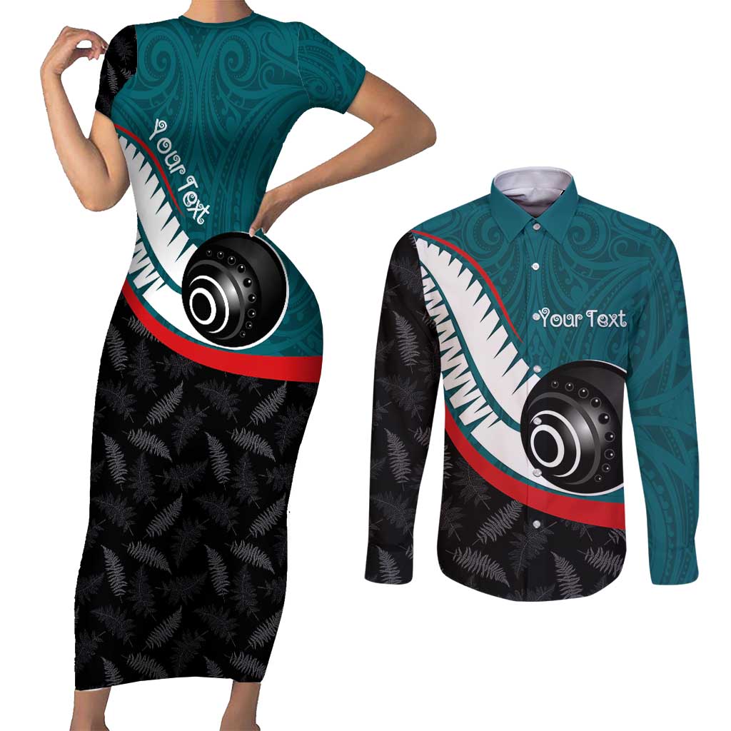 Personalised Aotearoa Lawn Bowls Couples Matching Short Sleeve Bodycon Dress and Long Sleeve Button Shirt Maori and Silver Fern Sporty Style Teal Color LT03 Teal - Polynesian Pride