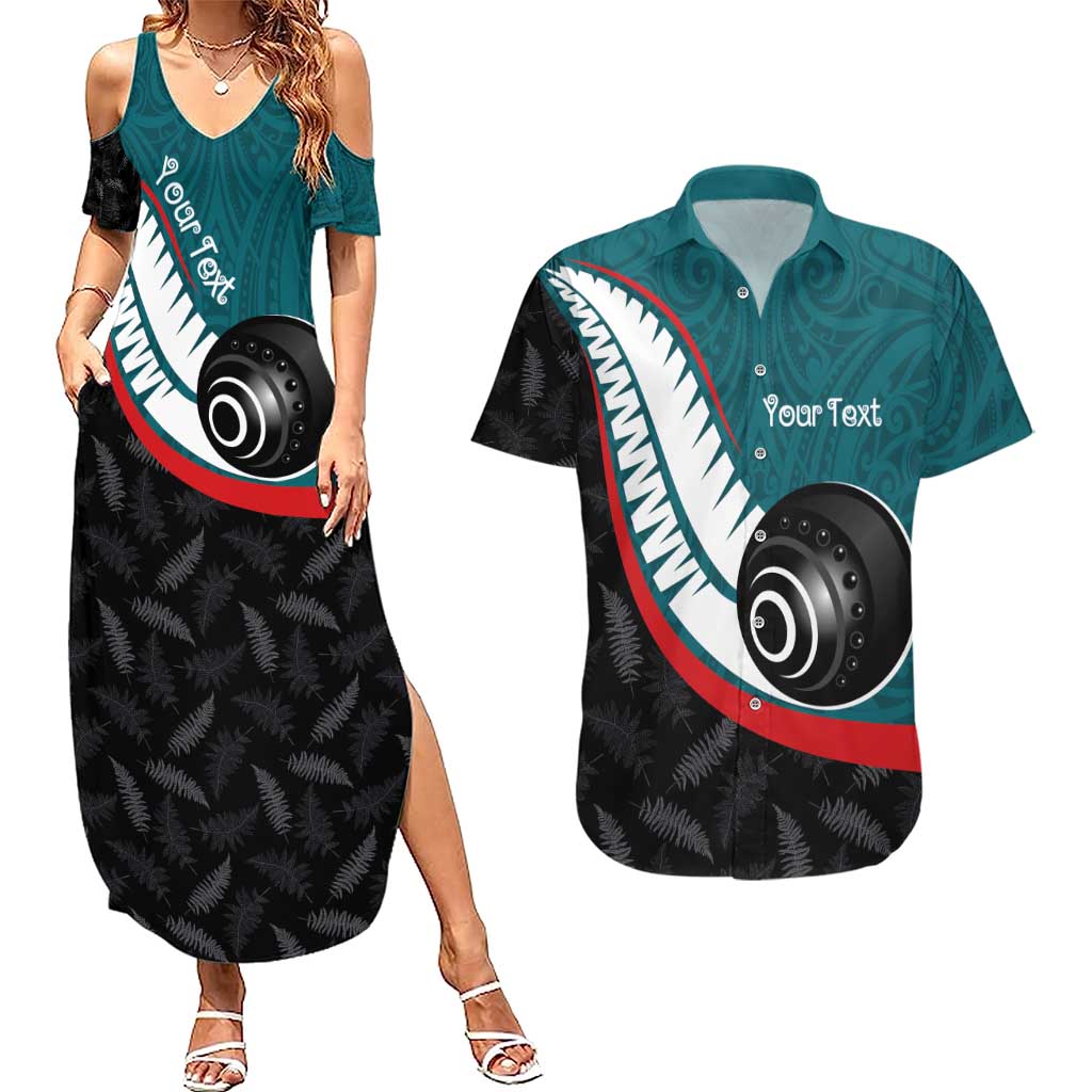 Personalised Aotearoa Lawn Bowls Couples Matching Summer Maxi Dress and Hawaiian Shirt Maori and Silver Fern Sporty Style Teal Color - Polynesian Pride