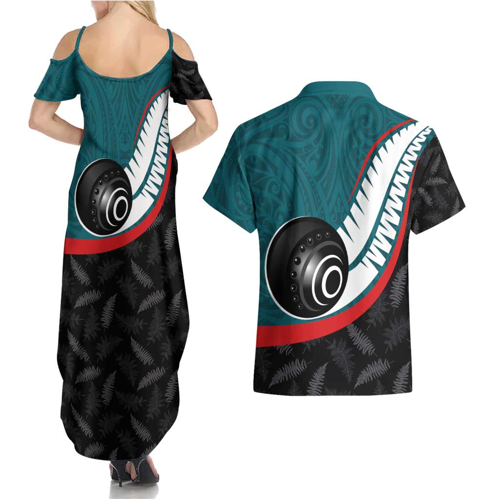 Personalised Aotearoa Lawn Bowls Couples Matching Summer Maxi Dress and Hawaiian Shirt Maori and Silver Fern Sporty Style Teal Color - Polynesian Pride