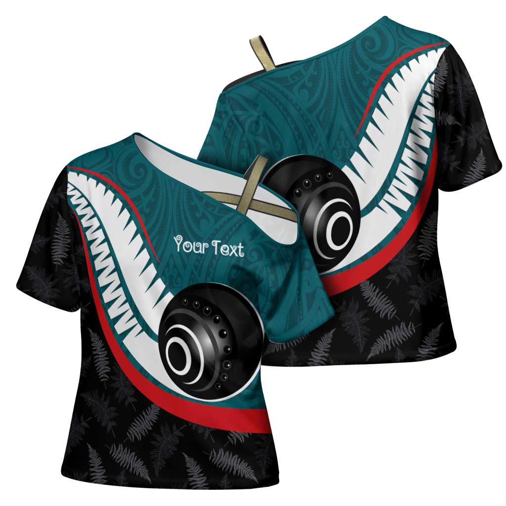 Personalised Aotearoa Lawn Bowls Cross Shoulder Shirt Maori and Silver Fern Sporty Style Teal Color - Polynesian Pride