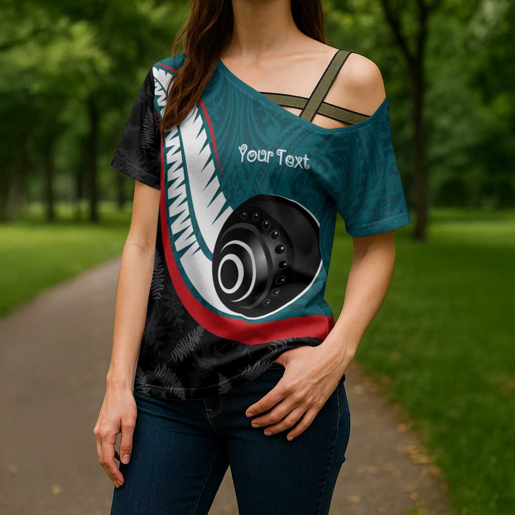 Personalised Aotearoa Lawn Bowls Cross Shoulder Shirt Maori and Silver Fern Sporty Style Teal Color - Polynesian Pride