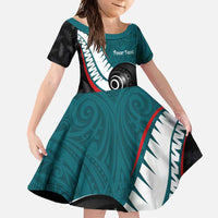 Personalised Aotearoa Lawn Bowls Family Matching Long Sleeve Bodycon Dress and Hawaiian Shirt Maori and Silver Fern Sporty Style Teal Color - Polynesian Pride