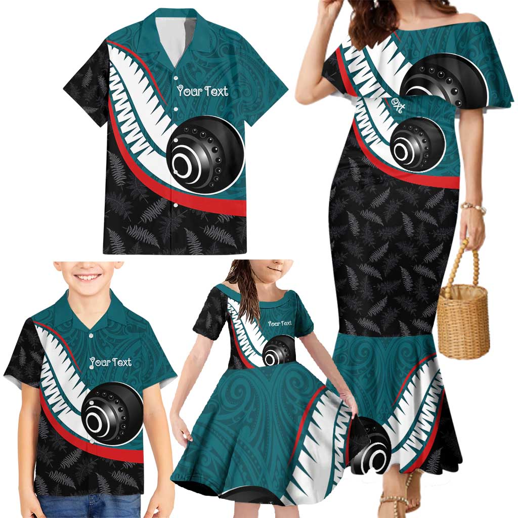 Personalised Aotearoa Lawn Bowls Family Matching Mermaid Dress and Hawaiian Shirt Maori and Silver Fern Sporty Style Teal Color - Polynesian Pride