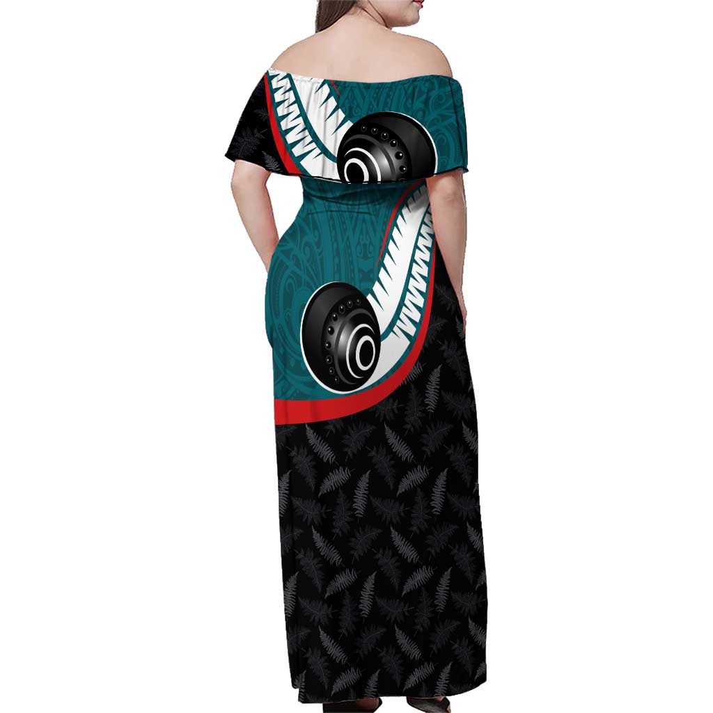 Personalised Aotearoa Lawn Bowls Family Matching Off Shoulder Maxi Dress and Hawaiian Shirt Maori and Silver Fern Sporty Style Teal Color - Polynesian Pride