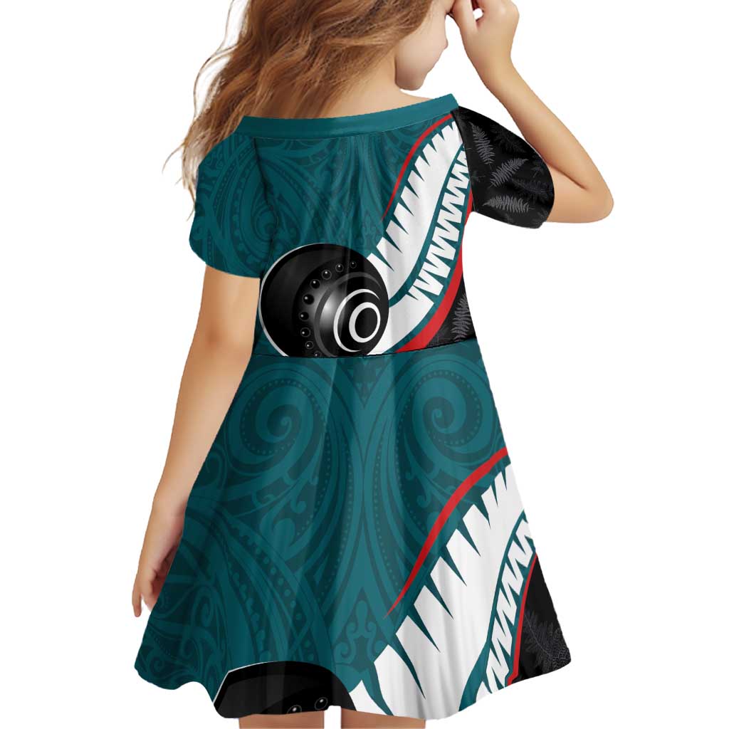 Personalised Aotearoa Lawn Bowls Family Matching Off Shoulder Short Dress and Hawaiian Shirt Maori and Silver Fern Sporty Style Teal Color - Polynesian Pride