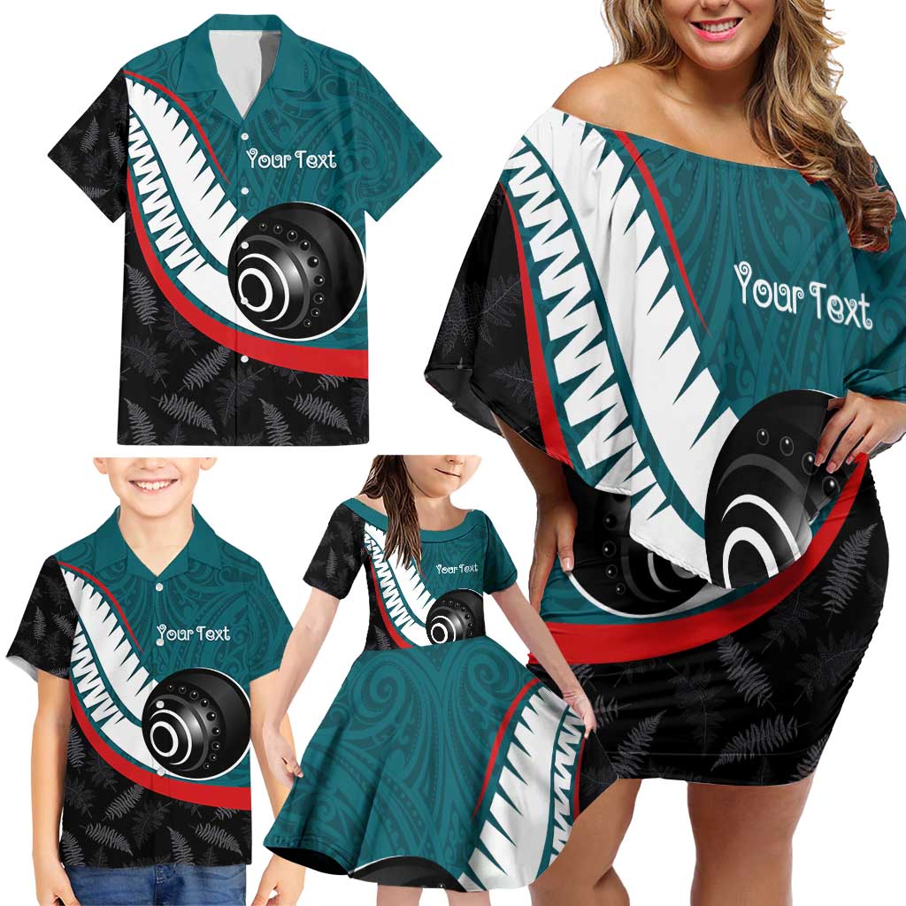 Personalised Aotearoa Lawn Bowls Family Matching Off Shoulder Short Dress and Hawaiian Shirt Maori and Silver Fern Sporty Style Teal Color - Polynesian Pride