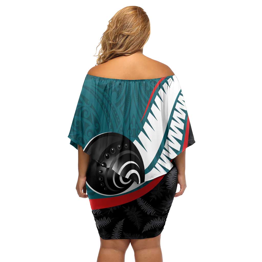 Personalised Aotearoa Lawn Bowls Family Matching Off Shoulder Short Dress and Hawaiian Shirt Maori and Silver Fern Sporty Style Teal Color - Polynesian Pride