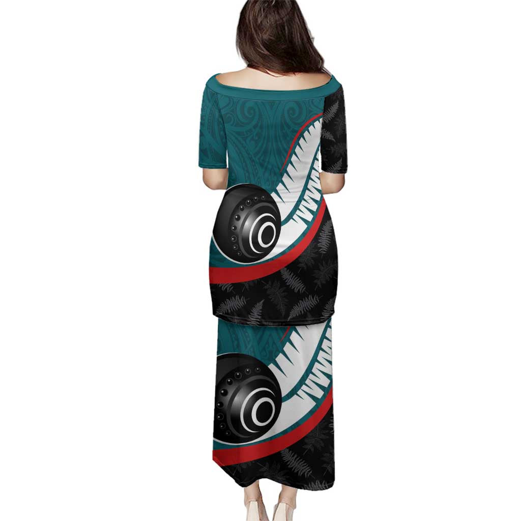 Personalised Aotearoa Lawn Bowls Family Matching Puletasi and Hawaiian Shirt Maori and Silver Fern Sporty Style Teal Color LT03 - Polynesian Pride