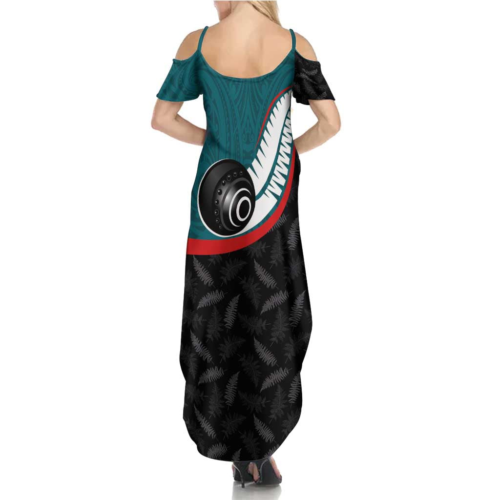 Personalised Aotearoa Lawn Bowls Family Matching Summer Maxi Dress and Hawaiian Shirt Maori and Silver Fern Sporty Style Teal Color - Polynesian Pride
