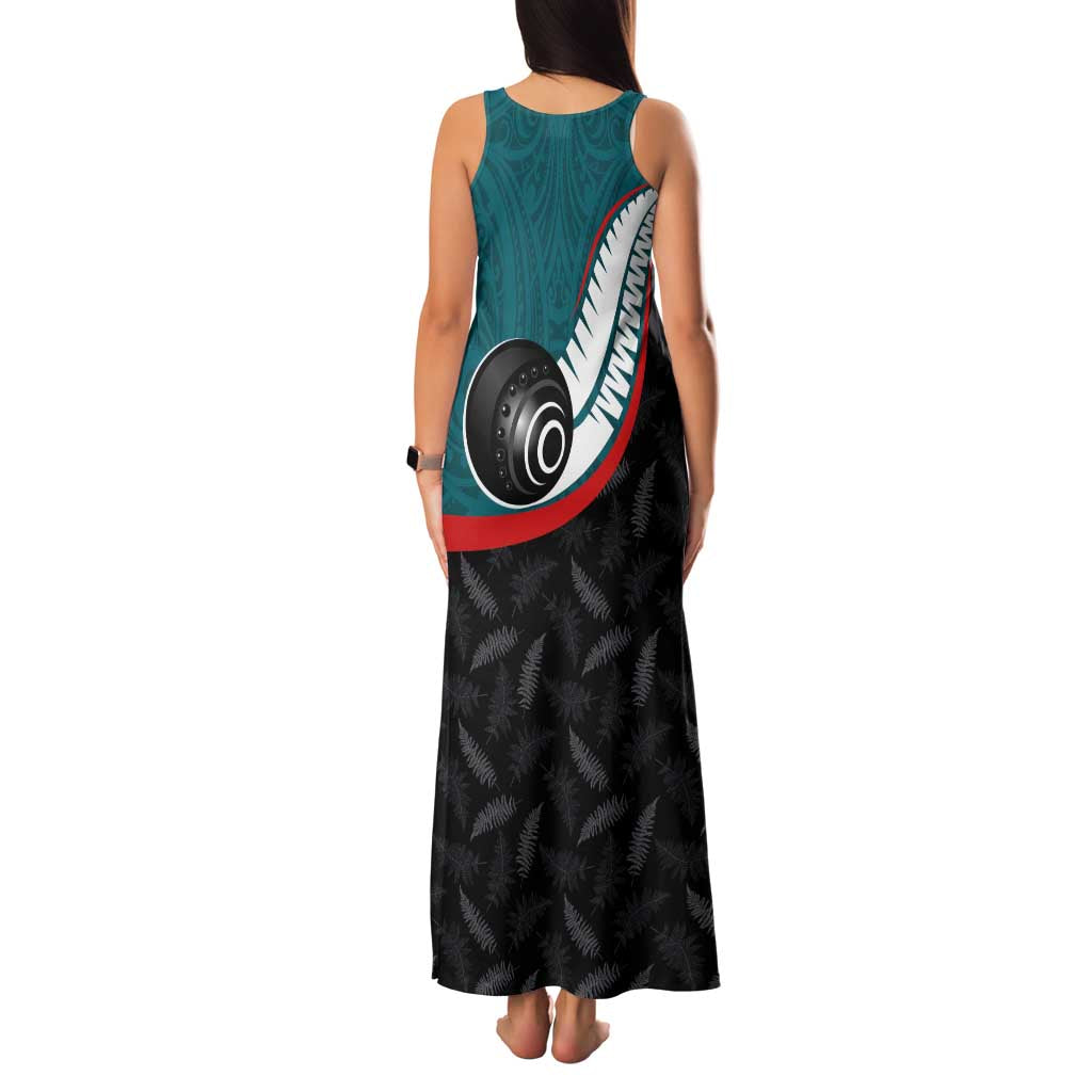 Personalised Aotearoa Lawn Bowls Family Matching Tank Maxi Dress and Hawaiian Shirt Maori and Silver Fern Sporty Style Teal Color - Polynesian Pride