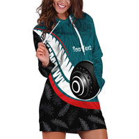 Personalised Aotearoa Lawn Bowls Hoodie Dress Maori and Silver Fern Sporty Style Teal Color - Polynesian Pride