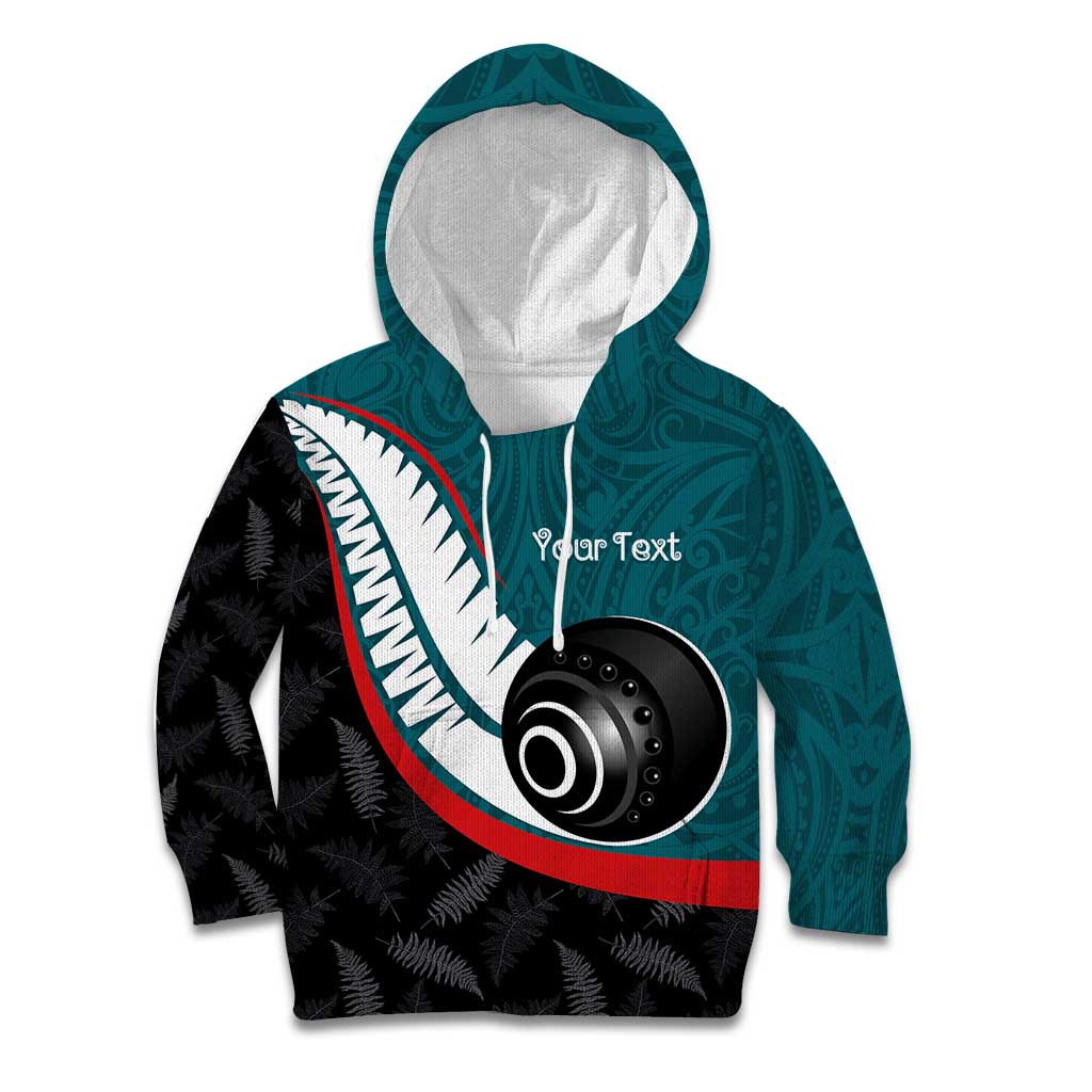 Personalised Aotearoa Lawn Bowls Kid Hoodie Maori and Silver Fern Sporty Style Teal Color - Polynesian Pride