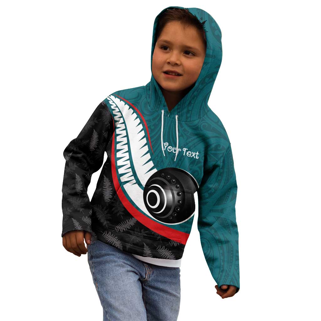 Personalised Aotearoa Lawn Bowls Kid Hoodie Maori and Silver Fern Sporty Style Teal Color - Polynesian Pride
