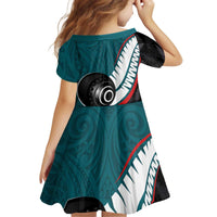 Personalised Aotearoa Lawn Bowls Kid Short Sleeve Dress Maori and Silver Fern Sporty Style Teal Color - Polynesian Pride