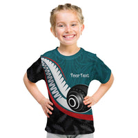 Personalised Aotearoa Lawn Bowls Kid T Shirt Maori and Silver Fern Sporty Style Teal Color - Polynesian Pride