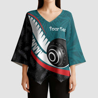 Personalised Aotearoa Lawn Bowls Kimono Sleeve Blouse Maori and Silver Fern Sporty Style Teal Color - Polynesian Pride