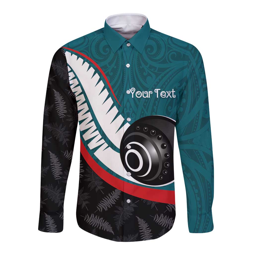 Personalised Aotearoa Lawn Bowls Long Sleeve Button Shirt Maori and Silver Fern Sporty Style Teal Color LT03 Unisex Teal - Polynesian Pride