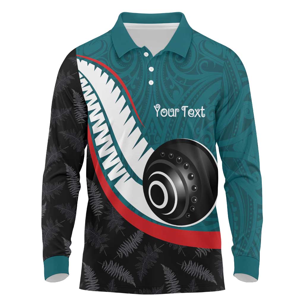 Personalised Aotearoa Lawn Bowls Long Sleeve Polo Shirt Maori and Silver Fern Sporty Style Teal Color - Polynesian Pride