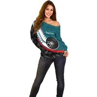 Personalised Aotearoa Lawn Bowls Off Shoulder Sweater Maori and Silver Fern Sporty Style Teal Color - Polynesian Pride