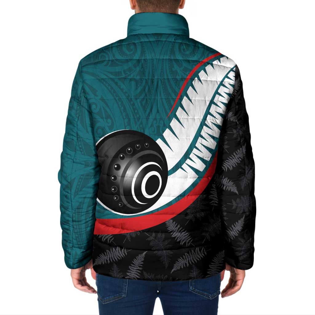 Personalised Aotearoa Lawn Bowls Padded Jacket Maori and Silver Fern Sporty Style Teal Color - Polynesian Pride
