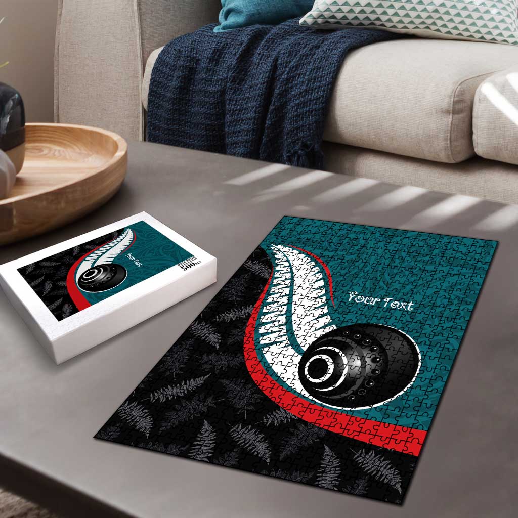Personalised Aotearoa Lawn Bowls Puzzle Maori and Silver Fern Sporty Style Teal Color - Polynesian Pride