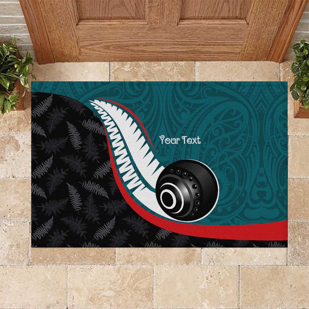 Personalised Aotearoa Lawn Bowls Rubber Doormat Maori and Silver Fern Sporty Style Teal Color - Polynesian Pride