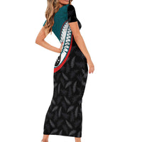 Personalised Aotearoa Lawn Bowls Short Sleeve Bodycon Dress Maori and Silver Fern Sporty Style Teal Color - Polynesian Pride