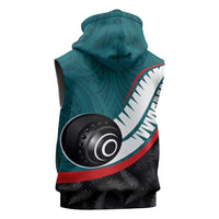 Personalised Aotearoa Lawn Bowls Sleeveless Hoodie Maori and Silver Fern Sporty Style Teal Color - Polynesian Pride