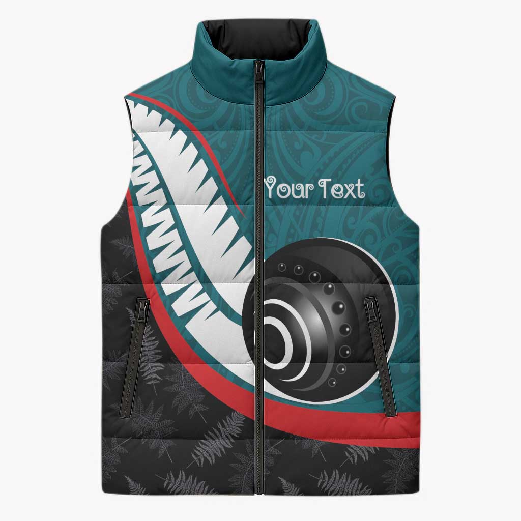 Personalised Aotearoa Lawn Bowls Sleeveless Puffer Jacket Maori and Silver Fern Sporty Style Teal Color - Polynesian Pride