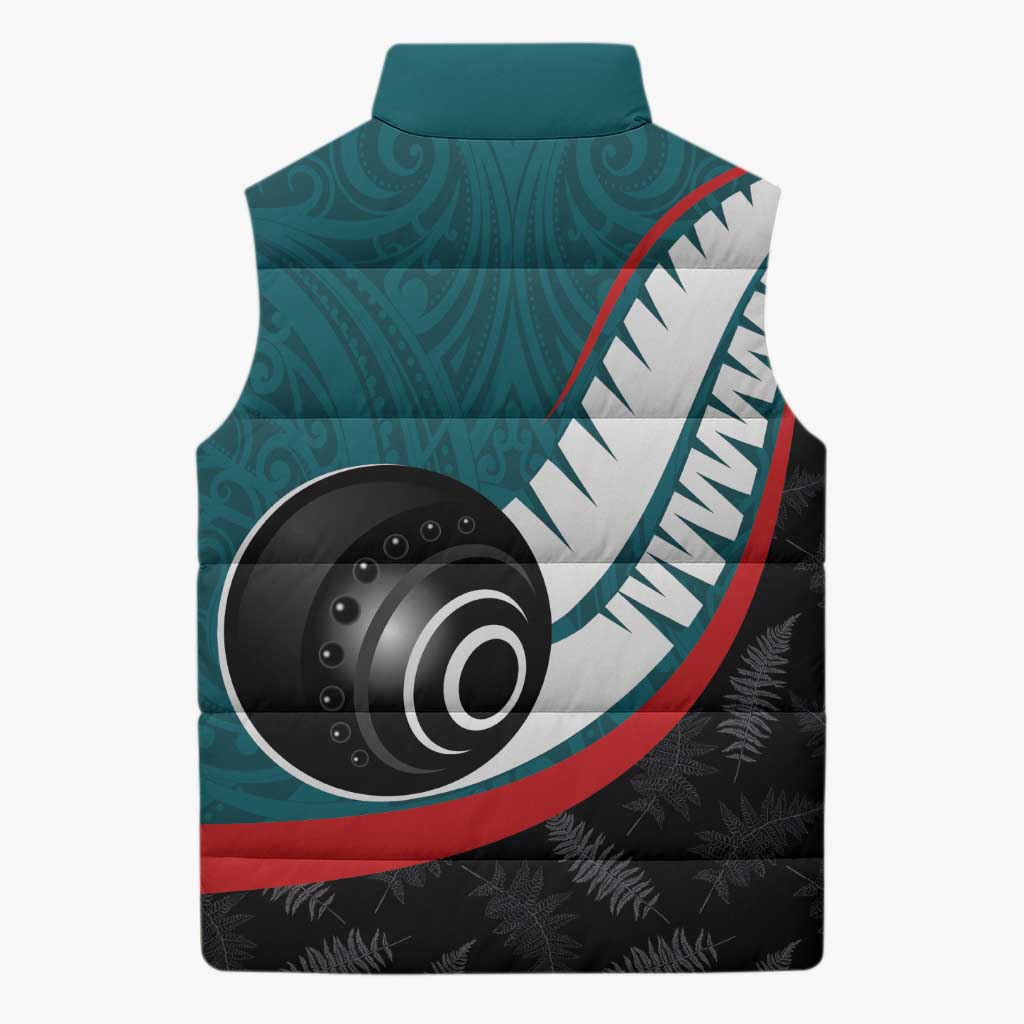 Personalised Aotearoa Lawn Bowls Sleeveless Puffer Jacket Maori and Silver Fern Sporty Style Teal Color - Polynesian Pride