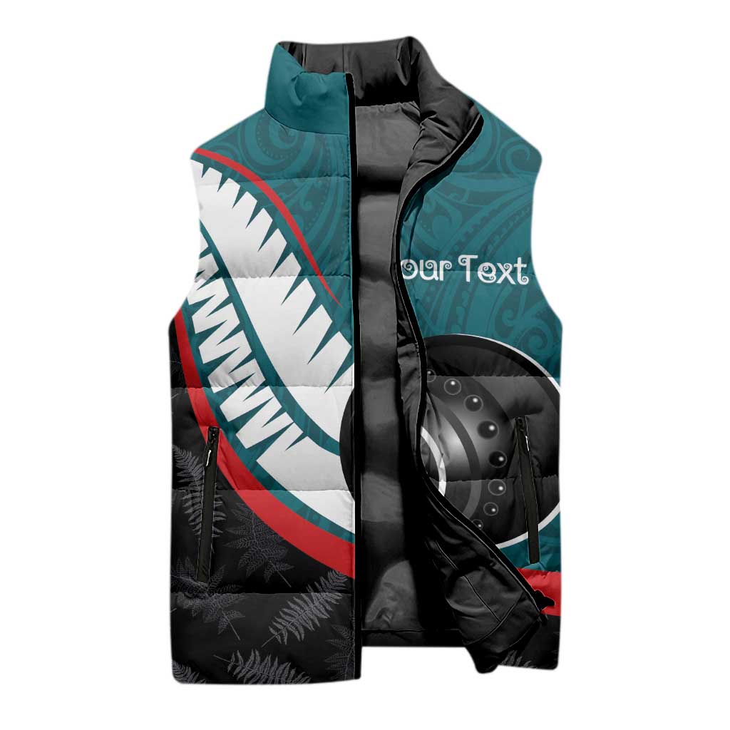 Personalised Aotearoa Lawn Bowls Sleeveless Puffer Jacket Maori and Silver Fern Sporty Style Teal Color - Polynesian Pride