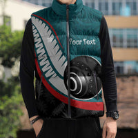 Personalised Aotearoa Lawn Bowls Sleeveless Puffer Jacket Maori and Silver Fern Sporty Style Teal Color - Polynesian Pride