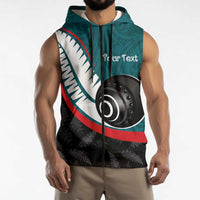 Personalised Aotearoa Lawn Bowls Sleeveless Zip Hoodie Maori and Silver Fern Sporty Style Teal Color - Polynesian Pride