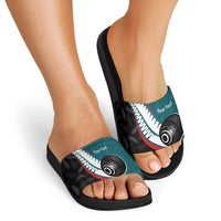 Personalised Aotearoa Lawn Bowls Slide Sandals Maori and Silver Fern Sporty Style Teal Color - Polynesian Pride
