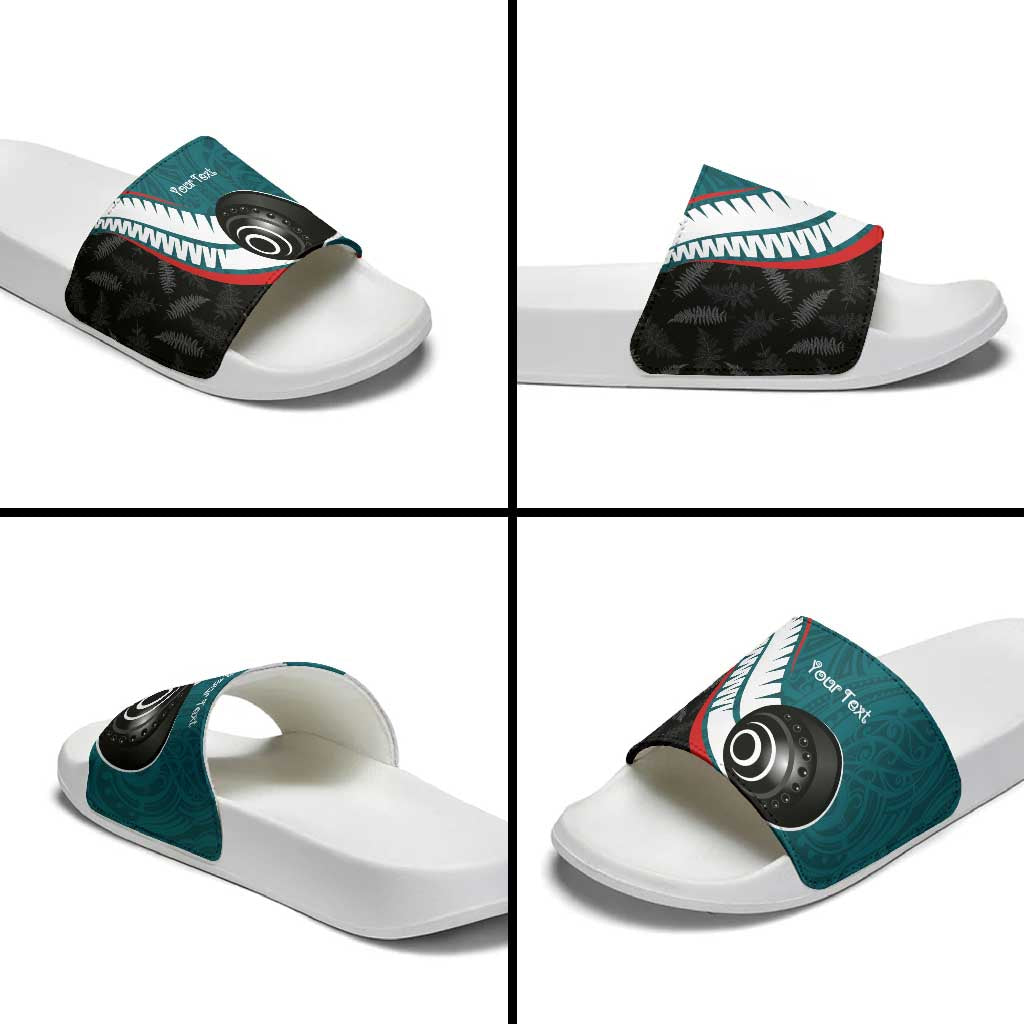 Personalised Aotearoa Lawn Bowls Slide Sandals Maori and Silver Fern Sporty Style Teal Color - Polynesian Pride