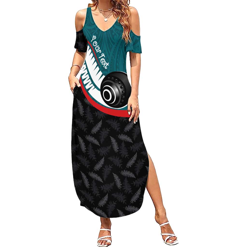 Personalised Aotearoa Lawn Bowls Summer Maxi Dress Maori and Silver Fern Sporty Style Teal Color - Polynesian Pride