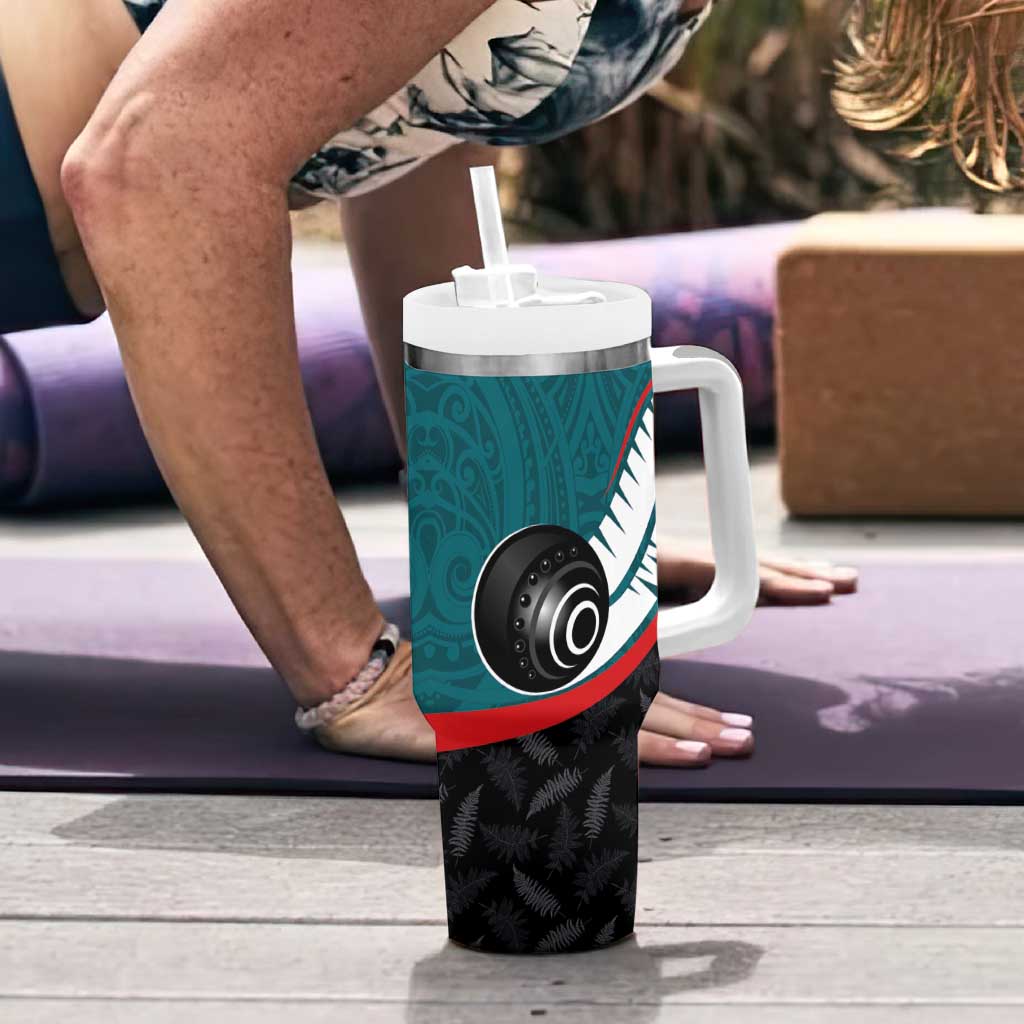 Personalised Aotearoa Lawn Bowls Tumbler With Handle Maori and Silver Fern Sporty Style Teal Color - Polynesian Pride
