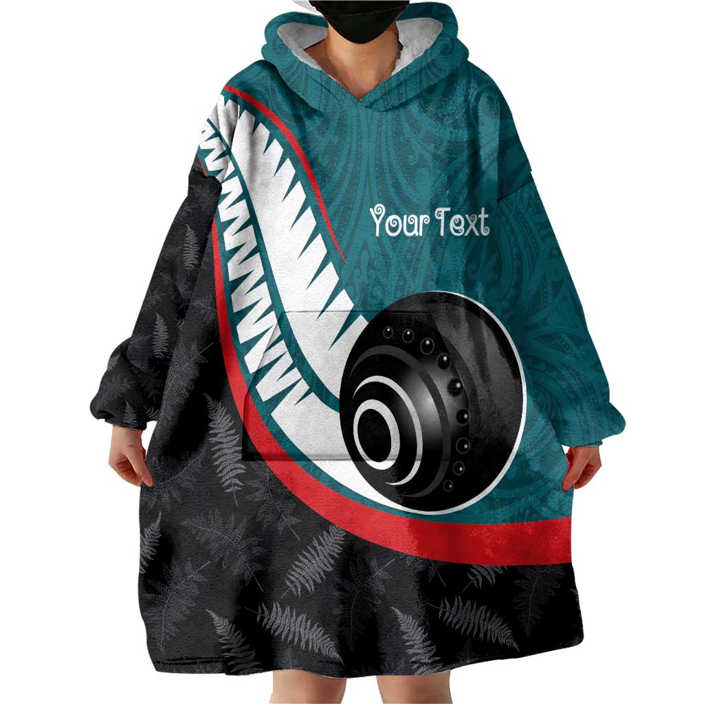 Personalised Aotearoa Lawn Bowls Wearable Blanket Hoodie Maori and Silver Fern Sporty Style Teal Color - Polynesian Pride